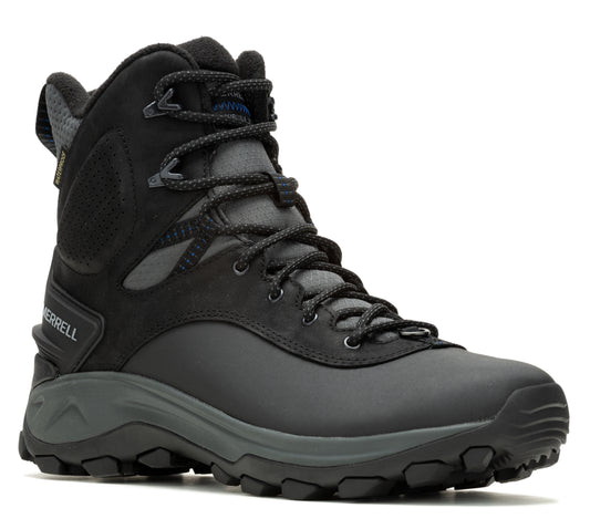 Black high-top hiking boot with laces and a heavily lugged sole.