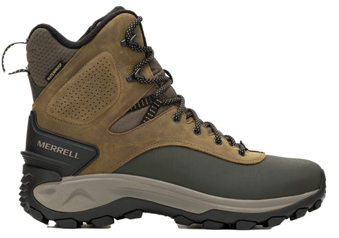 High-top hiking boot with brown suede, dark olive nylon, black accents, and black and gray laces; labeled "MERRELL".