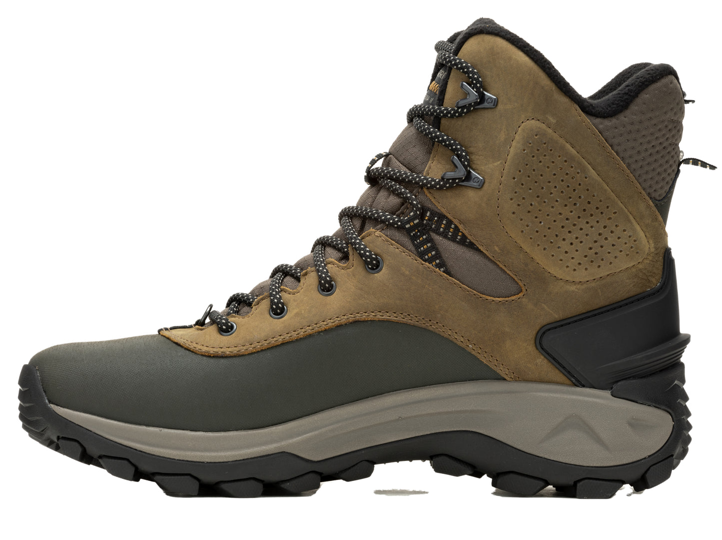 Side view of a hiking boot, brown upper, green lower, and black sole.