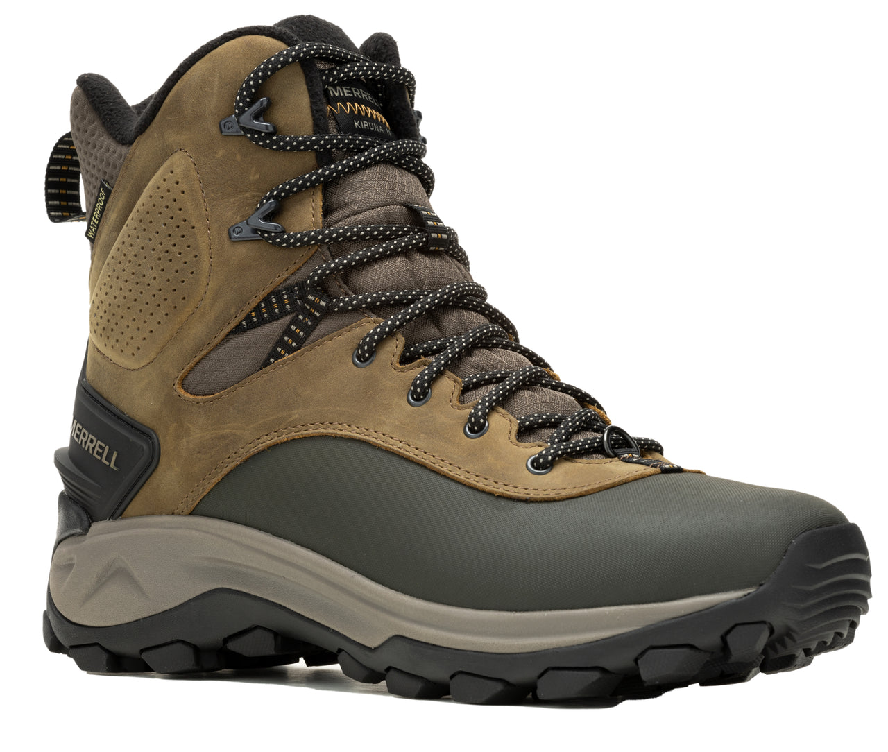 Brown and black hiking boot with high ankle support and a lace-up closure.