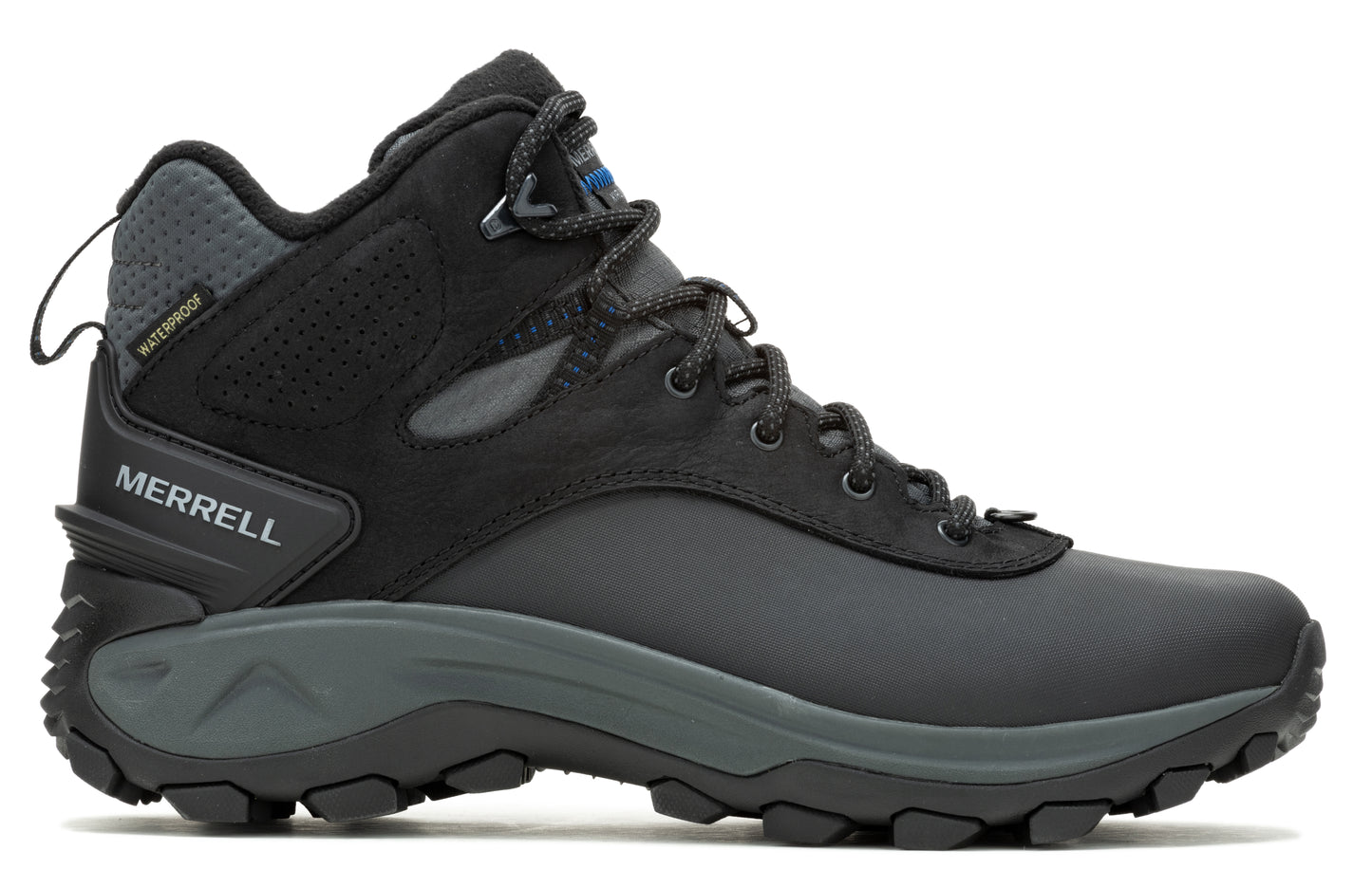 Black hiking boot with a gray sole and gray collar and the text "MERRELL".