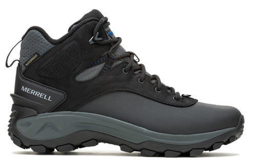 Black hiking boot with a gray sole and gray collar and the text "MERRELL".
