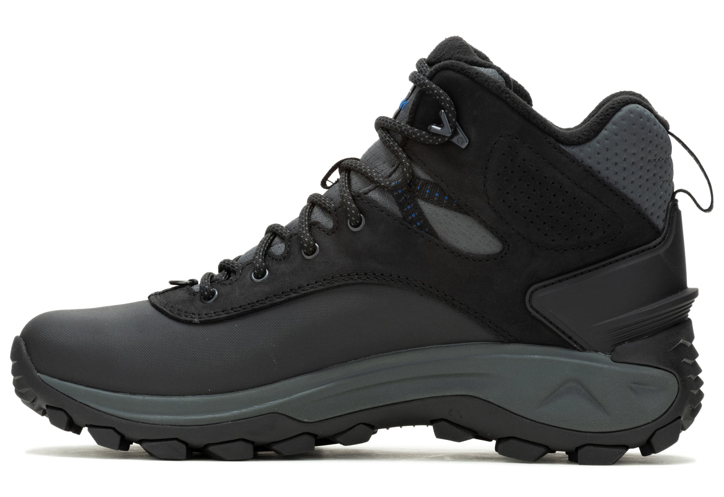 Black mid-height hiking boot with lace-up closure and rugged sole.
