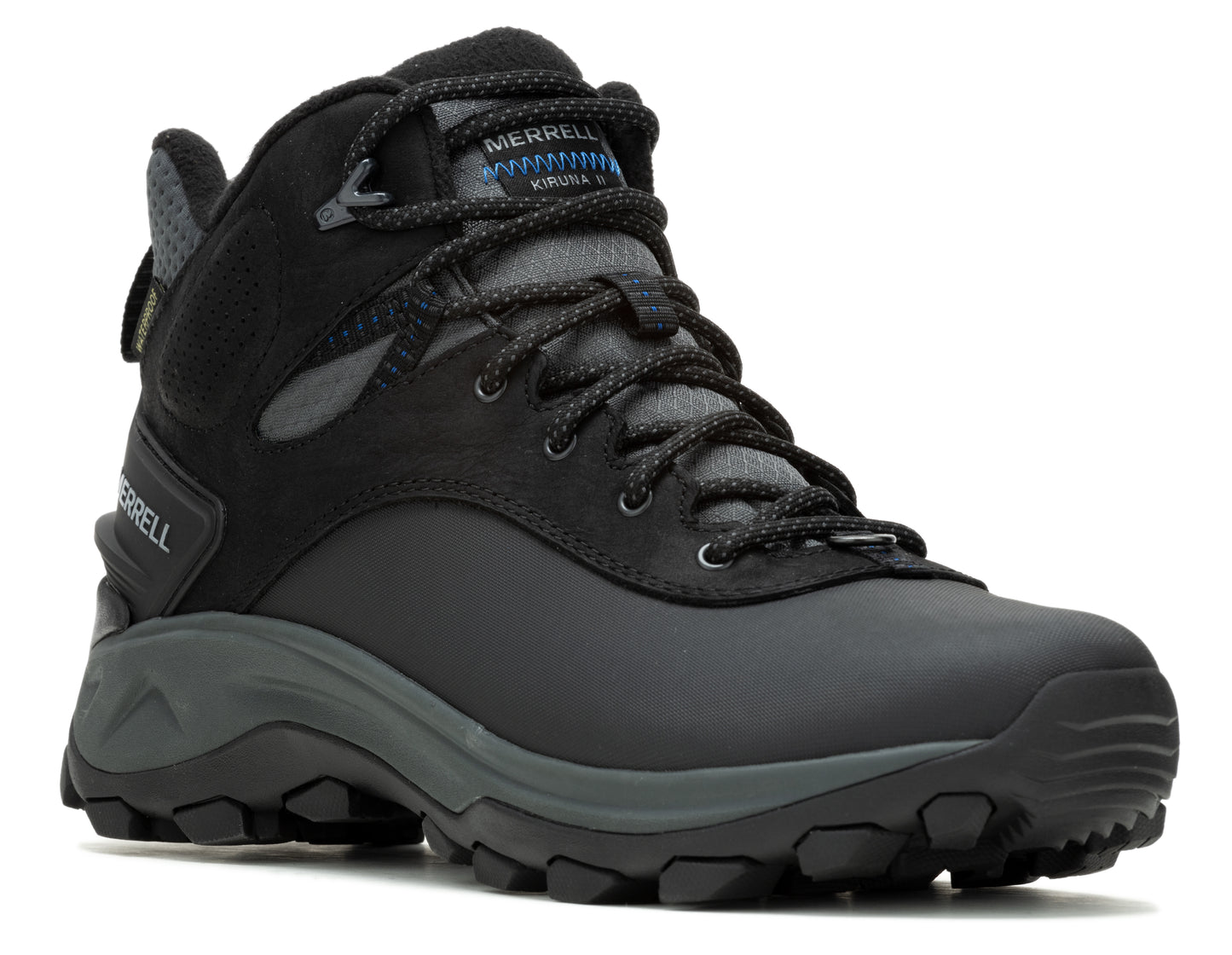A black hiking boot with gray laces.