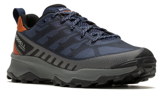Navy blue hiking shoe with orange accents and a gray sole.