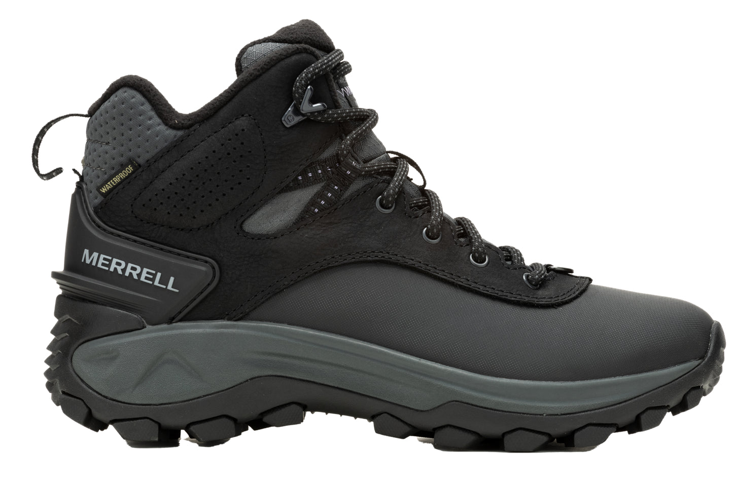 Black high-top hiking boot with laces and visible "MERRELL" text.