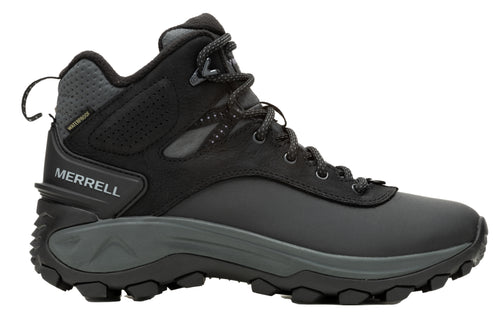 Black high-top hiking boot with laces and visible "MERRELL" text.