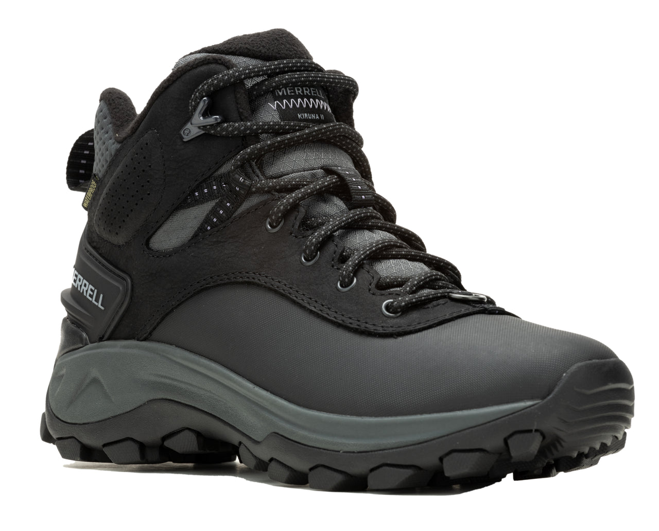 Black hiking boot with laces, featuring a textured sole and MERRELL logo.