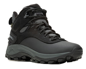 Black hiking boot with laces, featuring a textured sole and MERRELL logo.