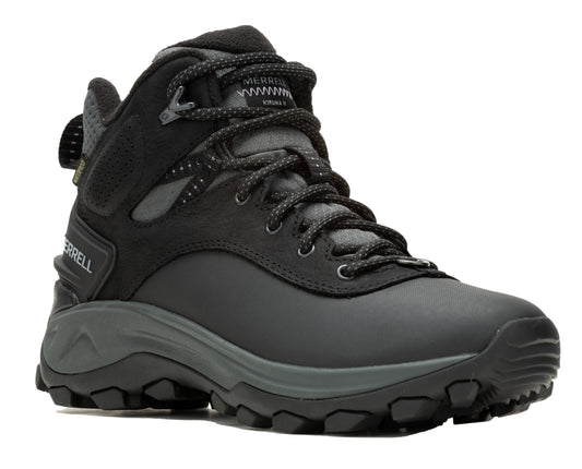 Black hiking boot with laces, featuring a textured sole and MERRELL logo.