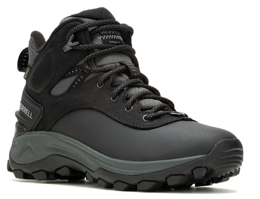 Black hiking boot with dark gray sole and gray laces and collar.