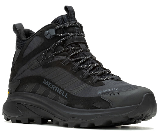 A black hiking boot with a high ankle, patterned laces, and the word "MERRELL" on the side.