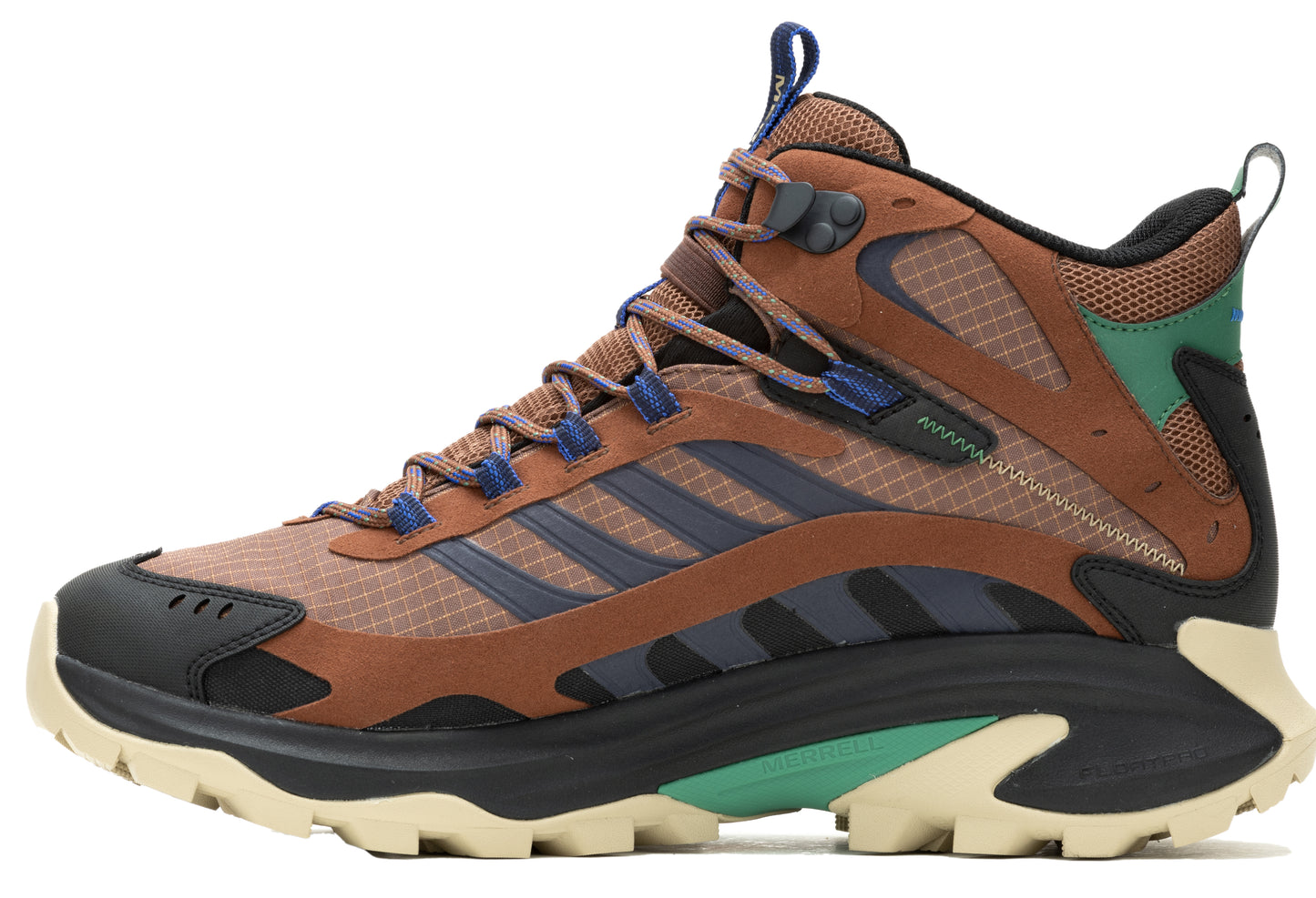 High-top hiking shoe featuring a brown upper with dark blue stripes, a black sole, tan treads, and green and blue accents.