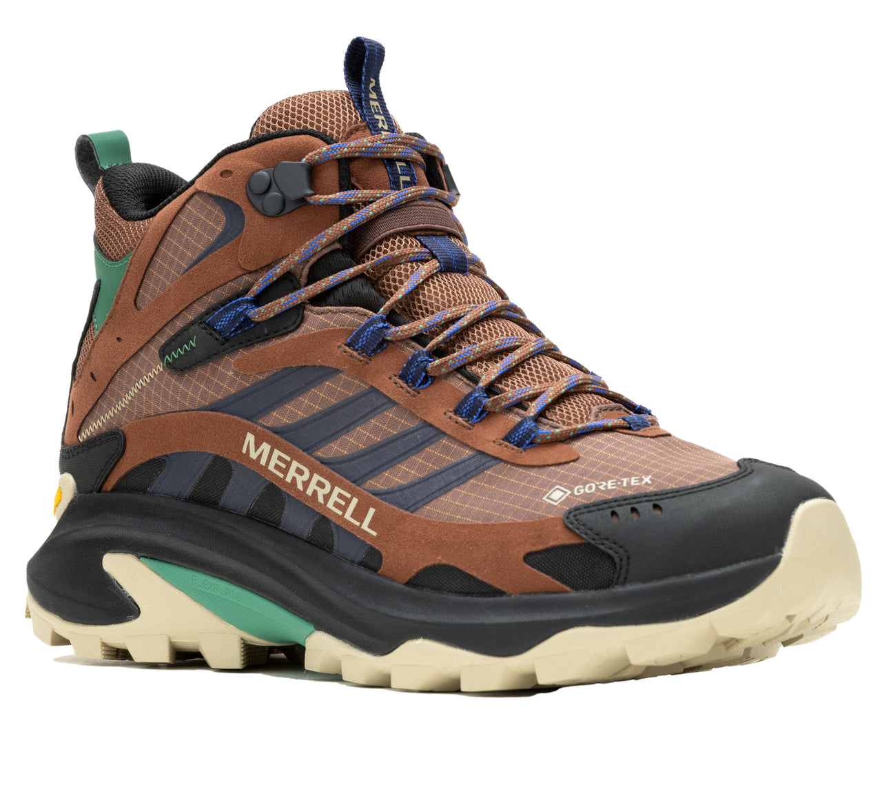A brown hiking boot with blue and black accents, featuring a thick, multi-colored sole and the text "MERRELL" and "GORE-TEX".
