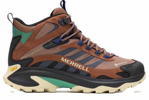 Brown and blue high-top hiking boot with visible MERRELL text and GORE-TEX logo.