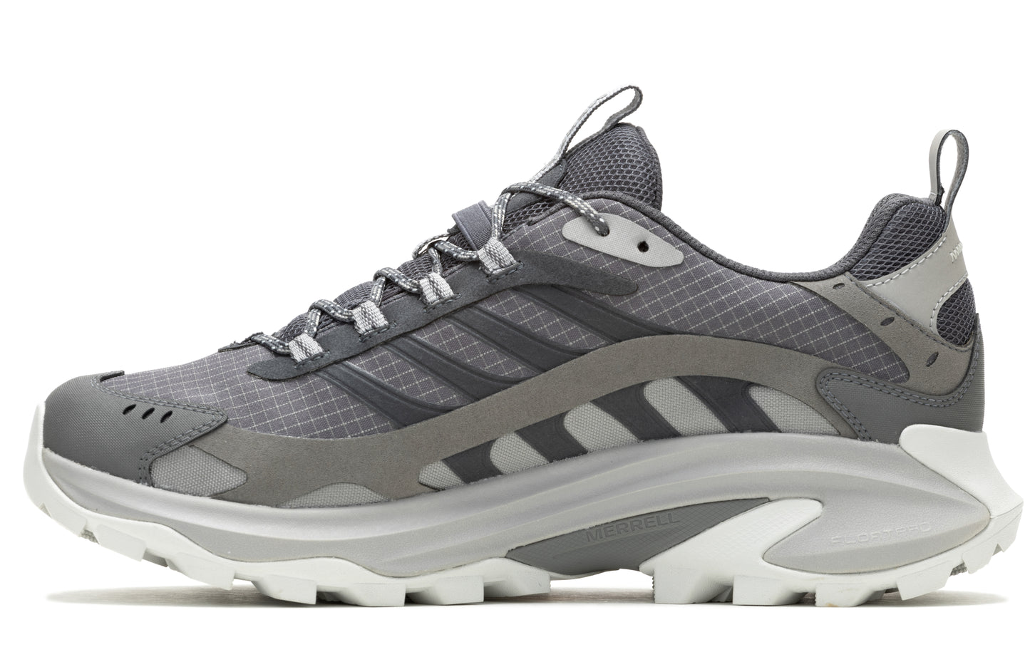 Grey athletic shoe with white sole.