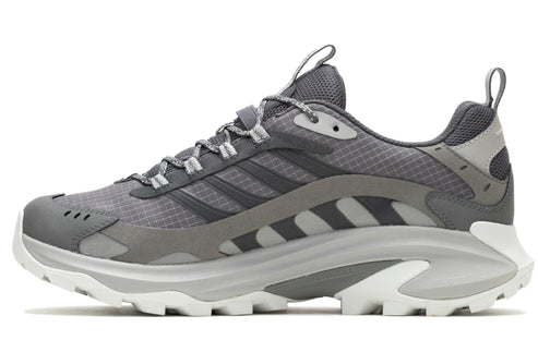 Grey athletic shoe with white sole.