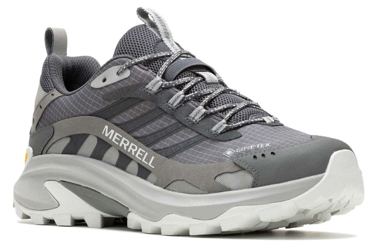 Gray trail running shoe with GORE-TEX tag and MERRELL text, and white textured sole.