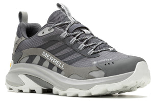 Gray trail running shoe with GORE-TEX tag and MERRELL text, and white textured sole.