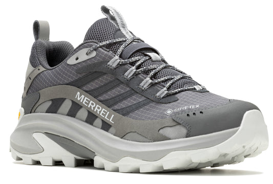 Gray trail running shoe with GORE-TEX tag and MERRELL text, and white textured sole.