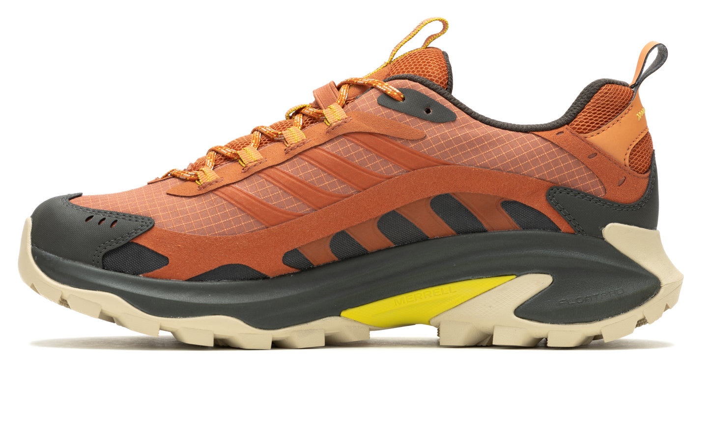 Orange running shoe with striped sides and a thick, multi-colored sole.