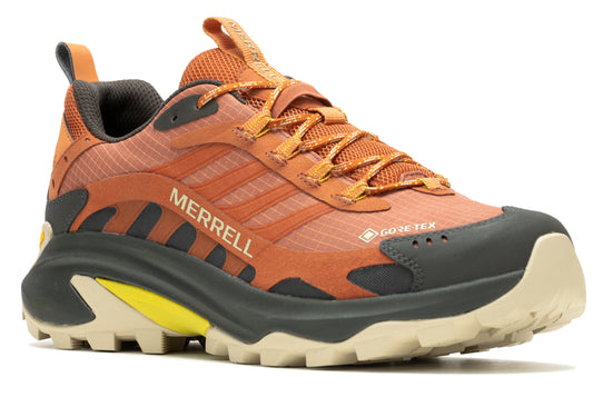Orange and grey athletic shoe with Gore-Tex label, the word MERRELL on the side, and a tan sole.