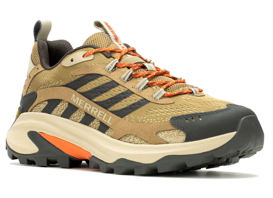 Tan hiking shoe with black stripes and "MERRELL" lettering, orange shoelaces and accent, and a thick cream-colored sole.