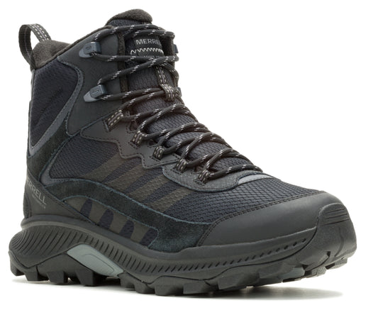 Black high-top hiking boot with thick patterned laces and rugged tread.