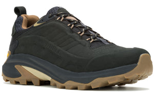 A low profile athletic shoe in black with brown accents and a textured outsole.