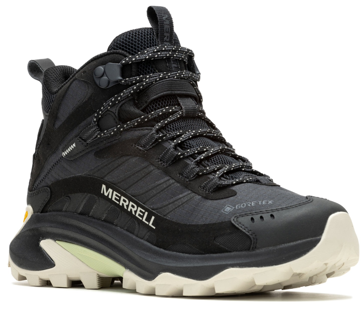 A hiking boot in black with a white sole and the word MERRELL in white.