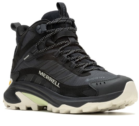 A hiking boot in black with a white sole and the word MERRELL in white.