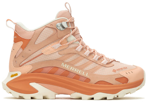 High-top hiking boot in peach with the word MERRELL visible on the side, the sole is an orange color.
