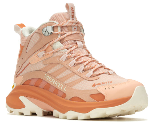 Hiking boot with orange midsole and coral upper. Visible text includes "MERRELL" and "GORE-TEX".