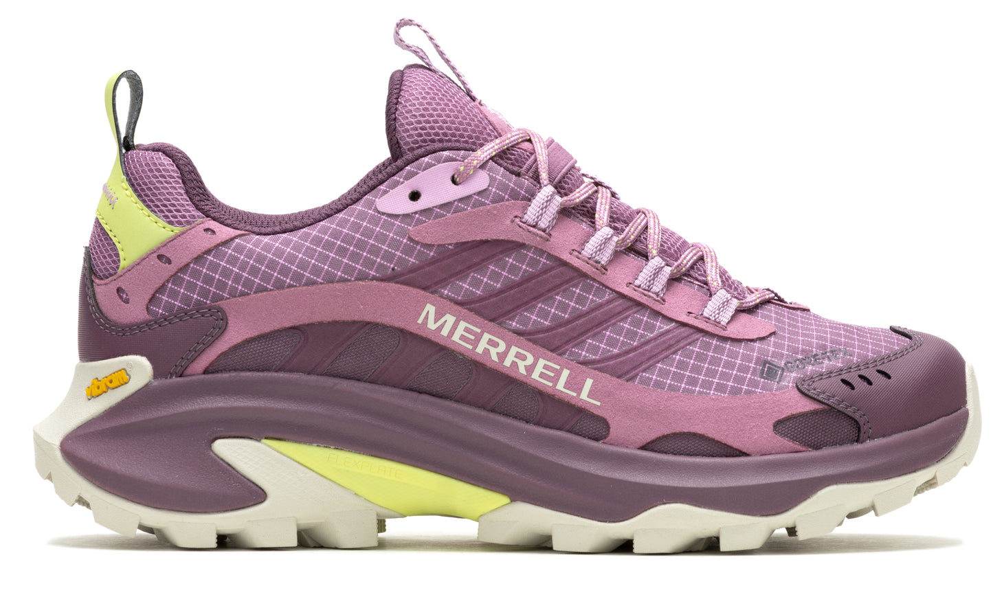 A pink women's hiking shoe with a Vibram sole, light yellow accents, and the word MERRELL on the side.