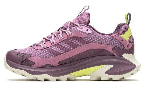 A lavender and dark purple athletic shoe with a thick sculpted lavender midsole and a beige lug sole.