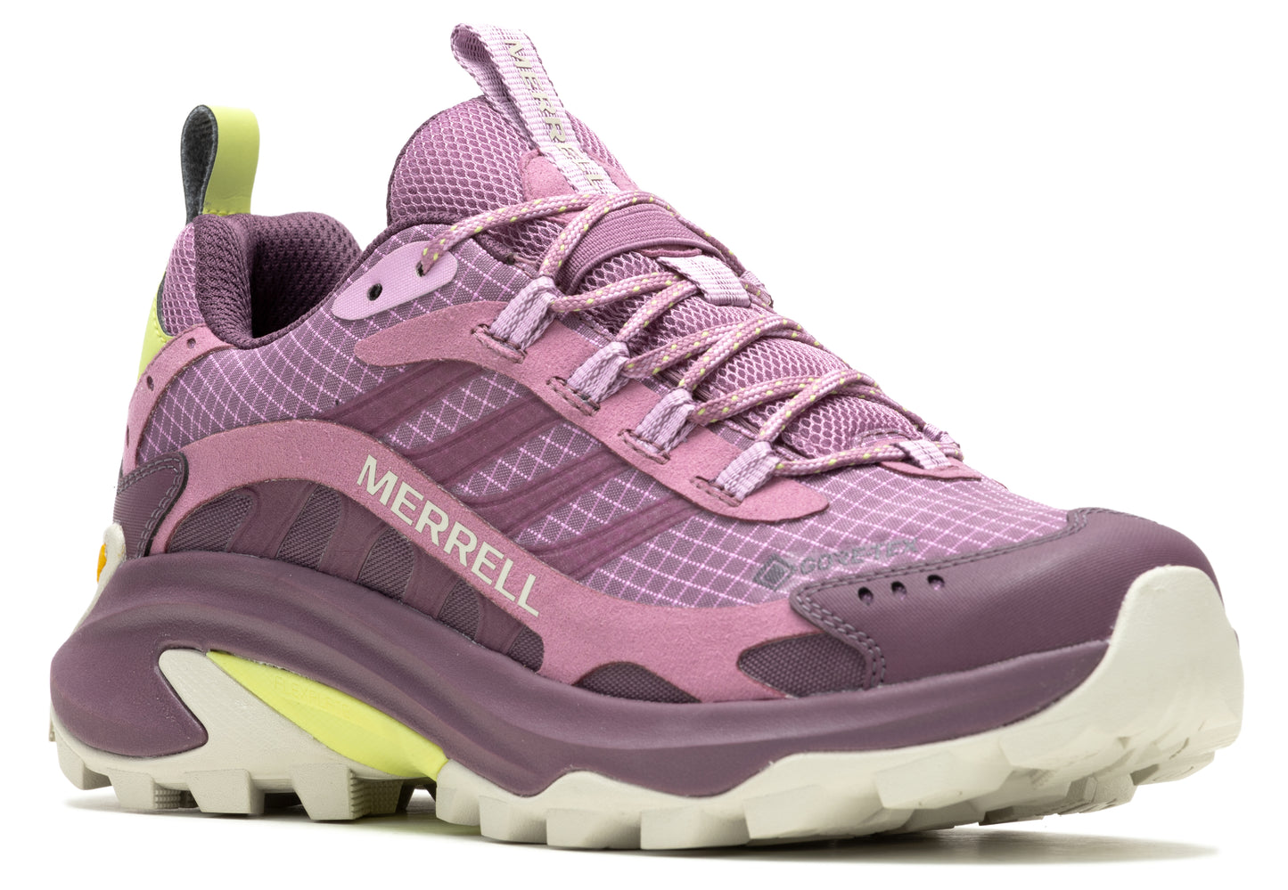 Purple trail running shoe with mesh upper and a thick, light-colored sole.