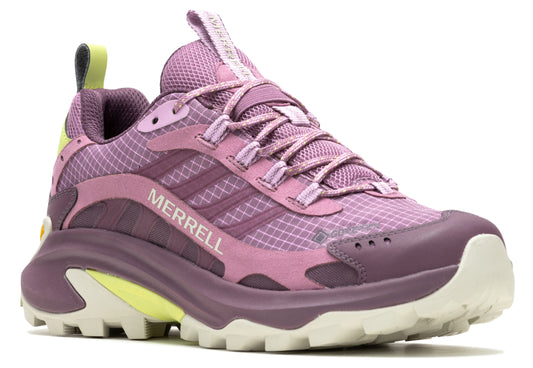 Purple trail running shoe with mesh upper and a thick, light-colored sole.