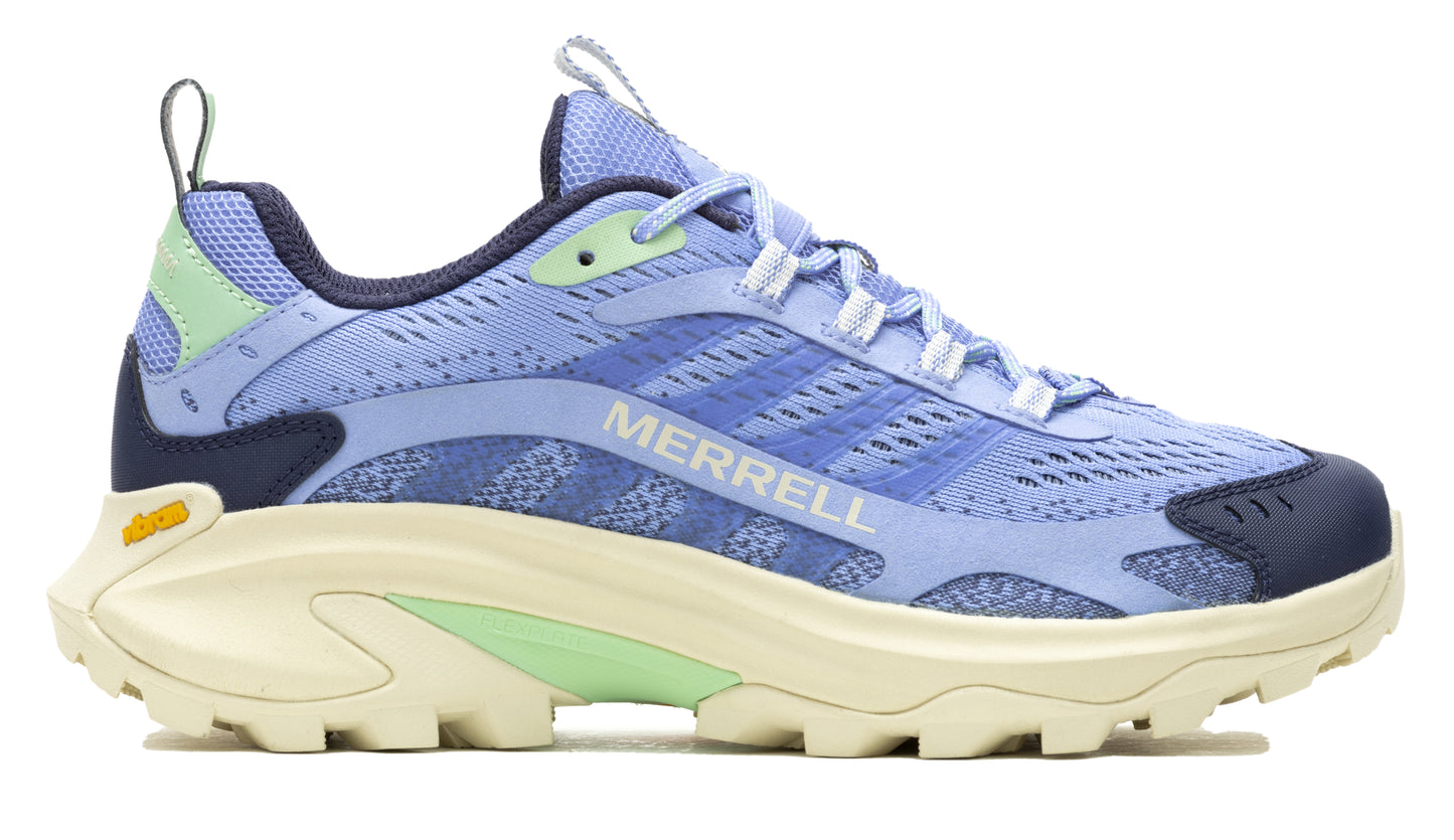 A light purple running shoe with white lettering that says MERRELL and a thick cream-colored sole.