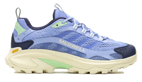 A light purple running shoe with white lettering that says MERRELL and a thick cream-colored sole.