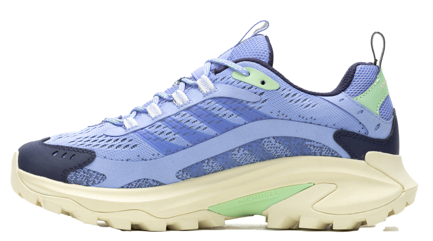 Lavender running shoe with dark blue and pale green accents and thick pale sole.