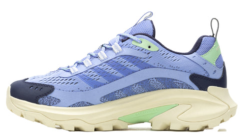 Lavender running shoe with dark blue and pale green accents and thick pale sole.