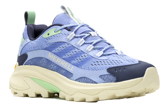 Light purple trail running shoe with off-white rugged sole, navy blue toe cap, and 'MERRELL' text on the side.