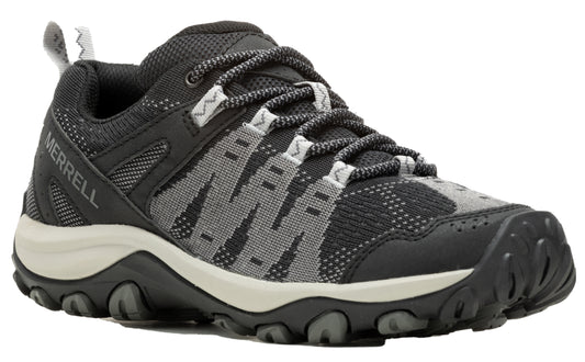 Black and gray trail running shoe with lugged sole and lace-up closure, featuring 'MERRELL' text on the side.