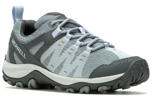 Gray and light blue trail shoe with a rugged sole and the word MERRELL on the side.