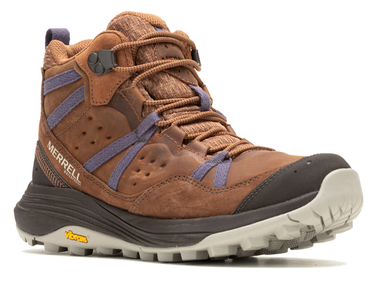 A brown, high-top leather boot with a lug sole and purple accents.