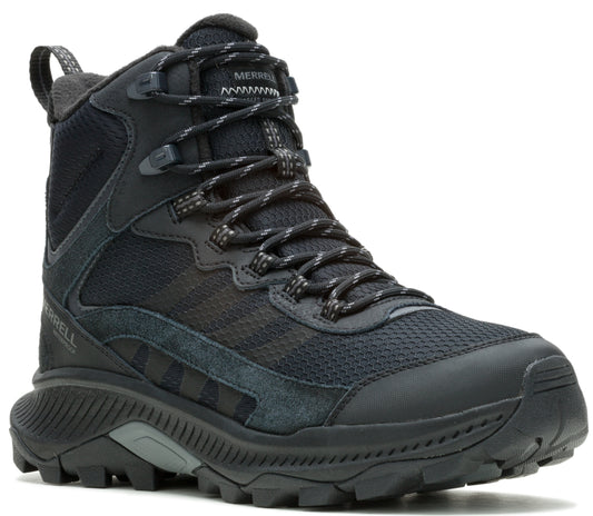 Black high-top hiking boot with mesh upper and lace-up closure.