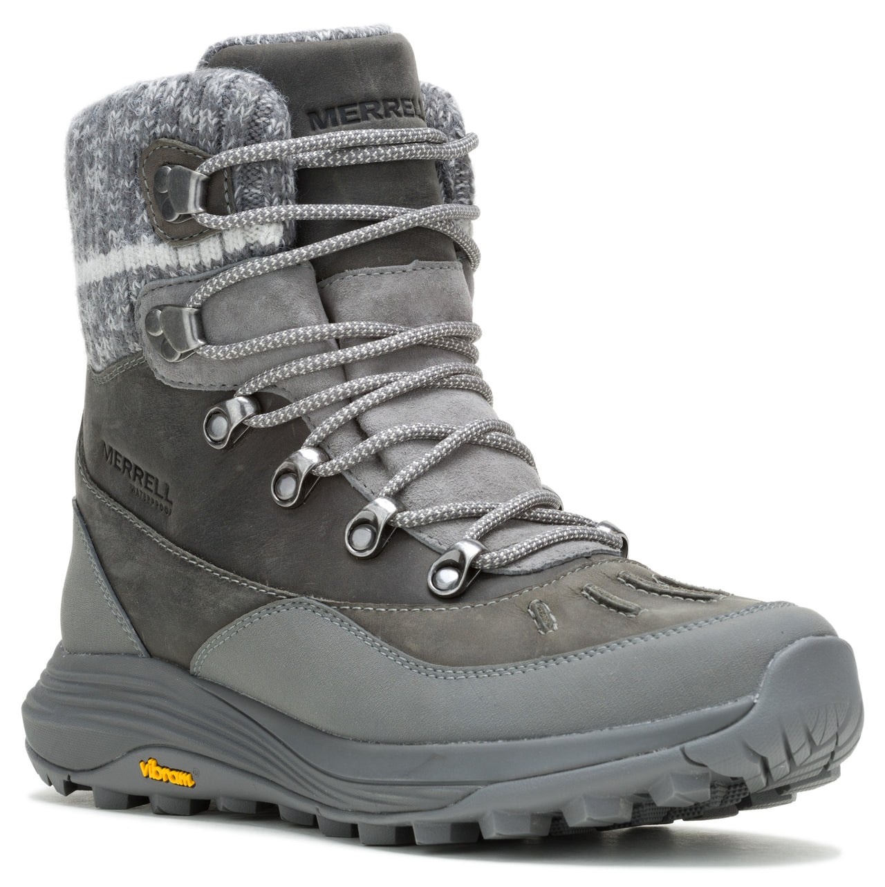 Gray waterproof lace-up winter boot with a patterned knit cuff.
