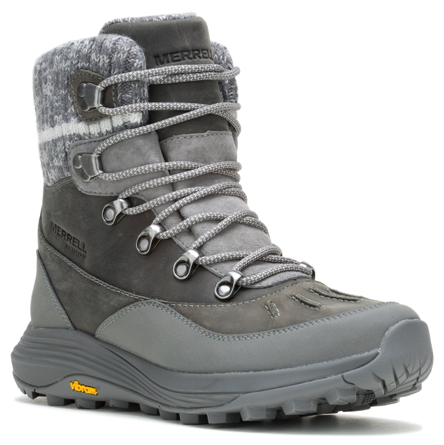 Gray waterproof lace-up winter boot with a patterned knit cuff.