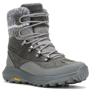 Gray waterproof lace-up winter boot with a patterned knit cuff.