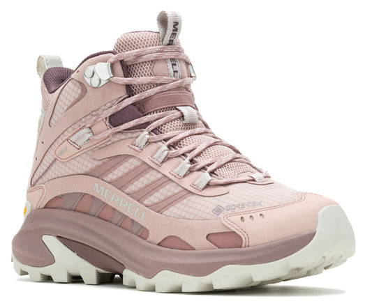 A pink high-top hiking shoe with GORE-TEX, gray laces, and a thick textured sole.